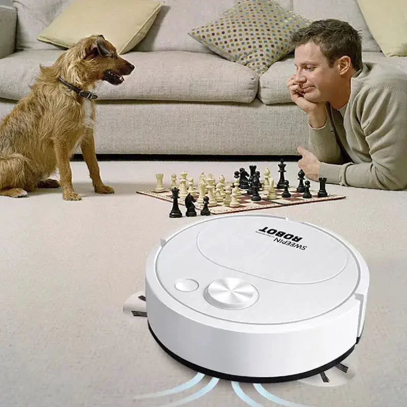 Simples Market USB 3-in-1 robot vacuum cleaner, white circular floor sweeper on carpet beside a man and a dog