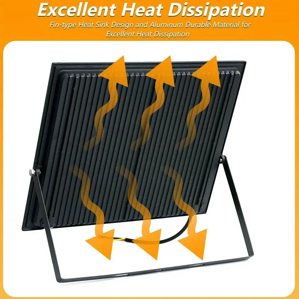 Simples Market black LED floodlight with heat-dissipation fins and metal stand for outdoors