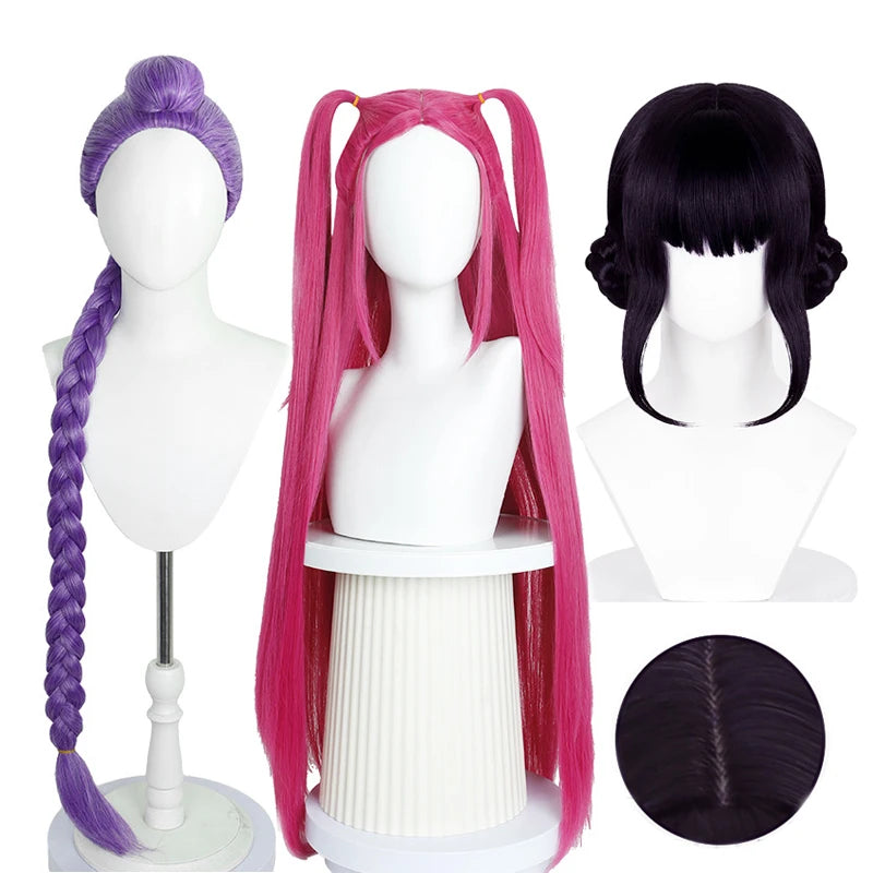 Simples Market cosplay wigs set of 3: purple braided bun, pink twin-tail wig, black bob; synthetic hair.