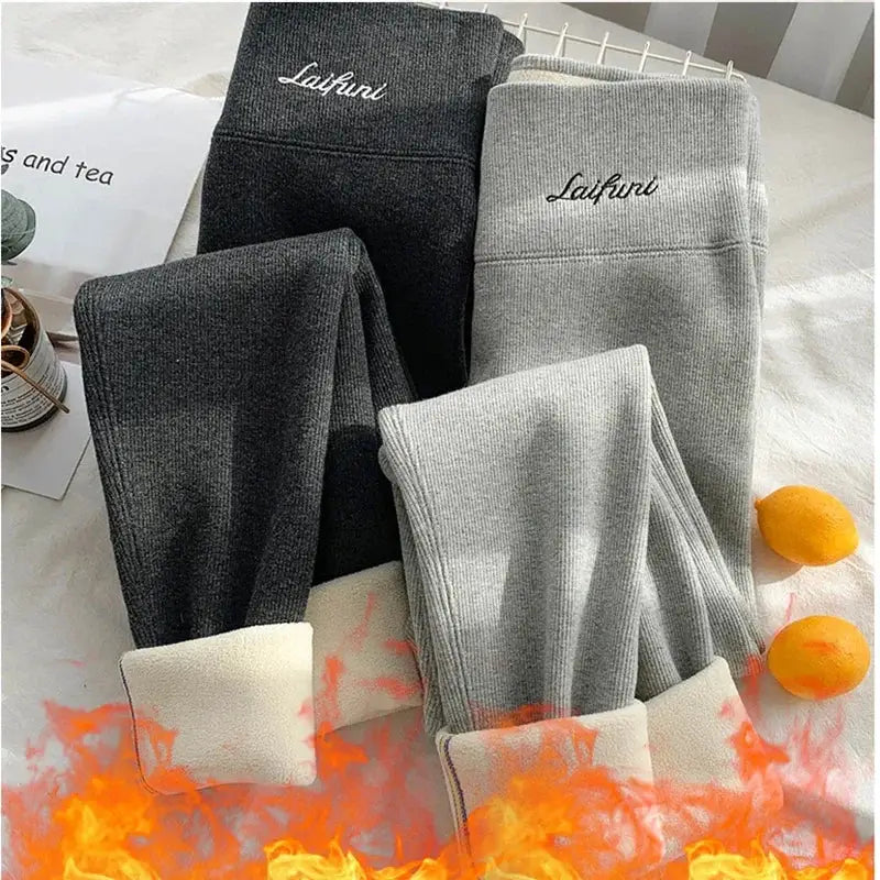 Winter warm leggings set, 4 pairs in black, charcoal and light gray high-waisted thermal tights with Lafur waistband