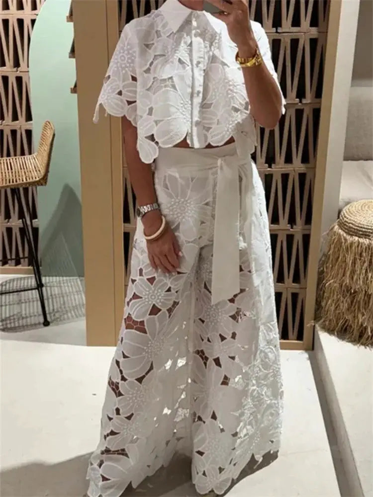 Women Hollow Out Two Piece Wide Leg Pants Set Lace Casual Style