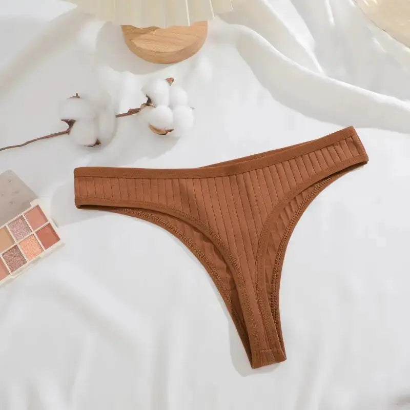 Thong underwear brown ribbed cotton seamless low-rise for women, 8-piece Simples Market