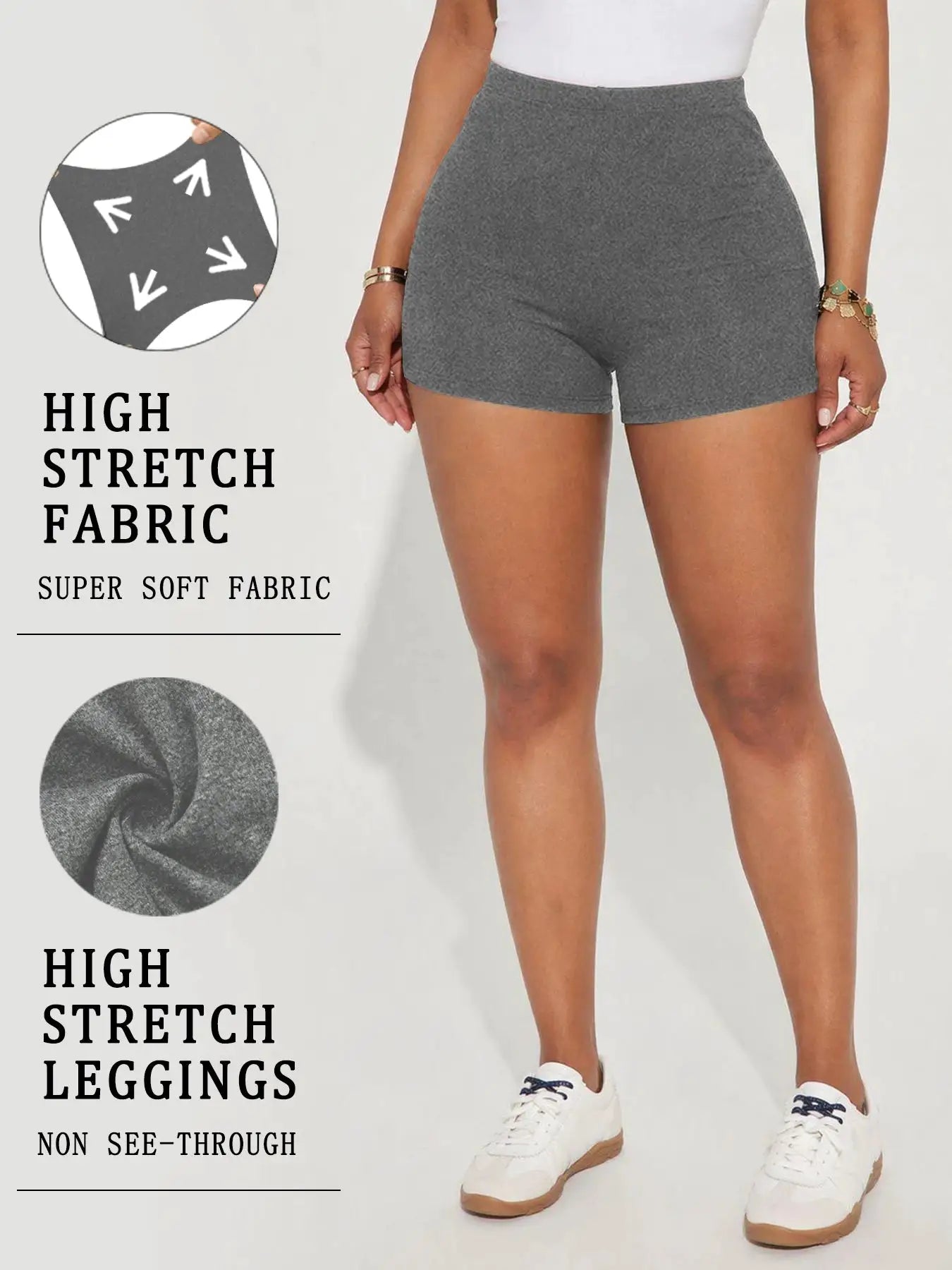 Women’s gray high-stretch biker shorts, super soft fabric for yoga, running and gym workouts