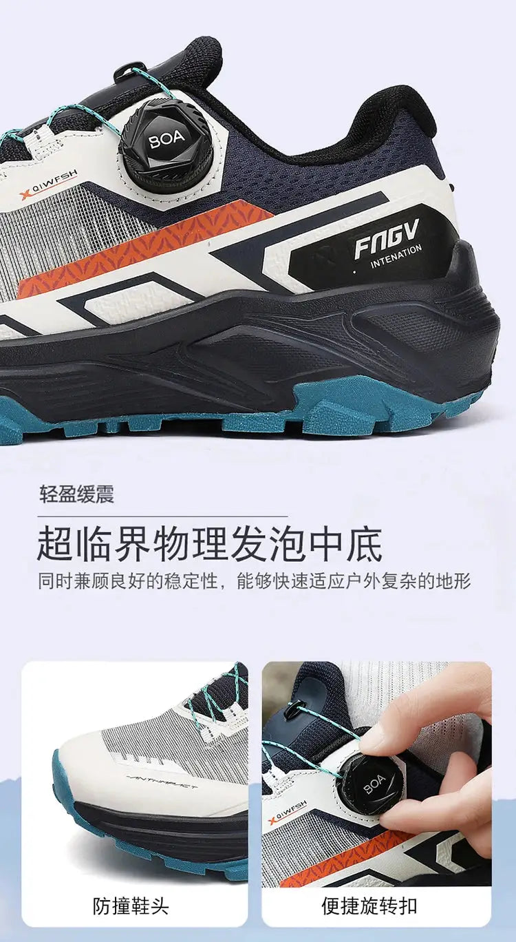 Men's breathable casual sneakers with BOA dial closure, navy/white/orange upper and teal outsole.
