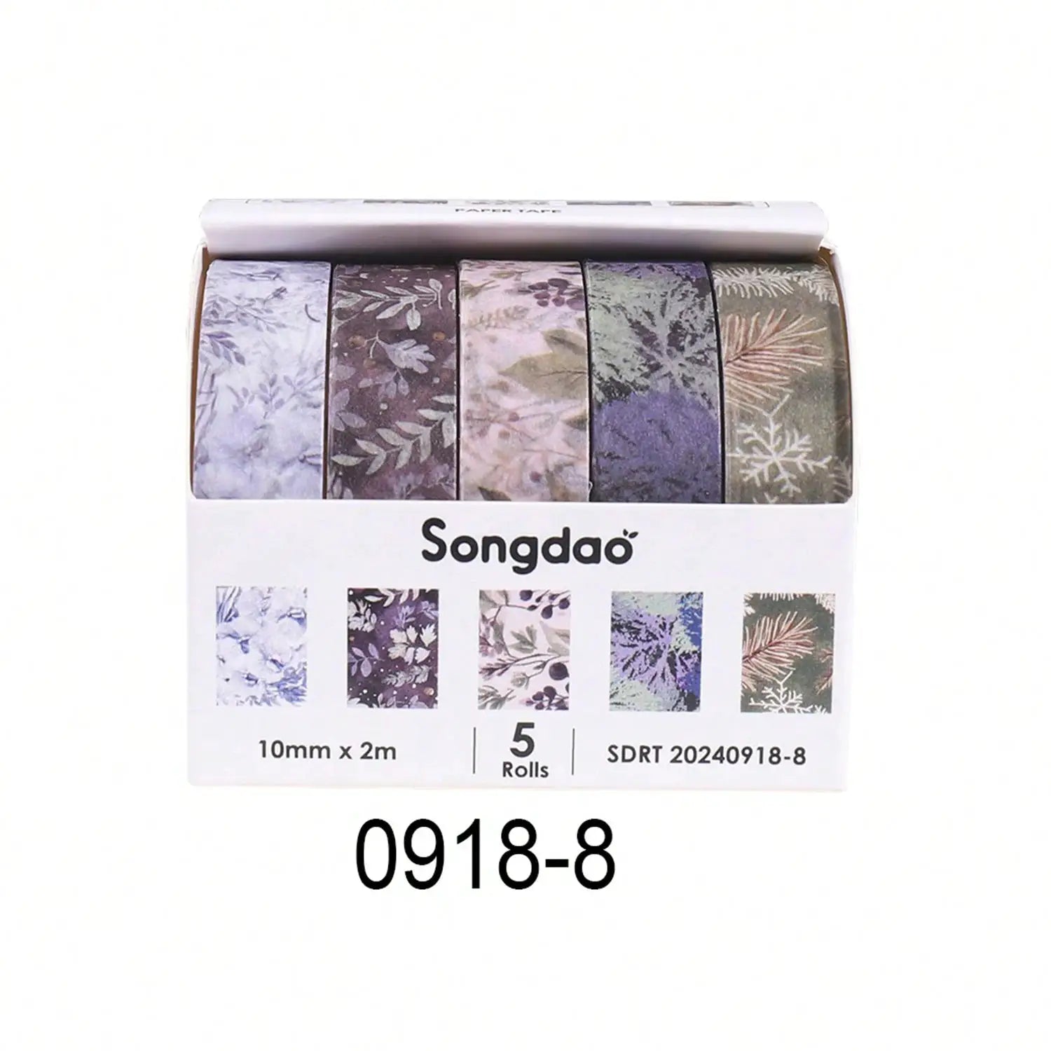 Songdao floral washi tape set: 5 pastel purple rolls in a boxed gift pack, 10mm x 2m each