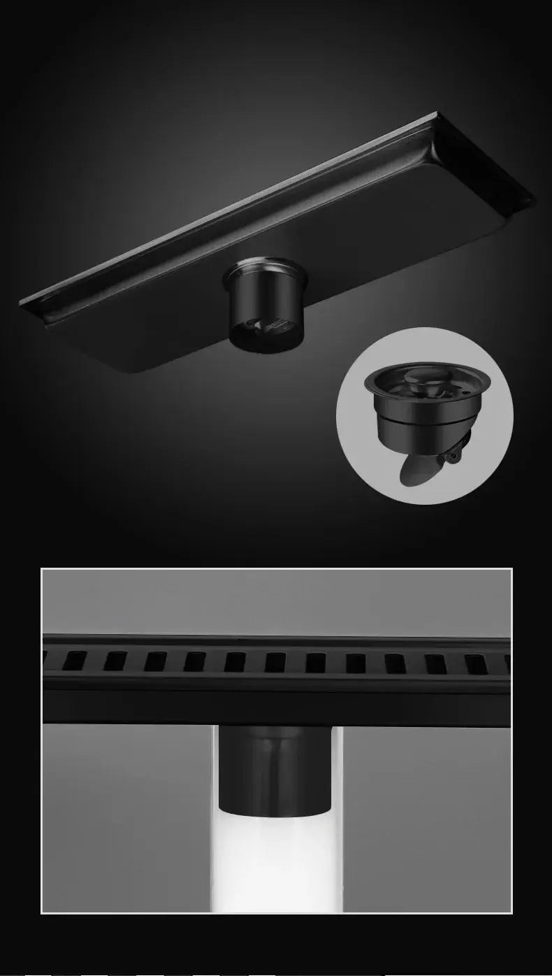 Long rectangular stainless steel bathroom floor drain with large capacity, anti-odor design, includes removable trap