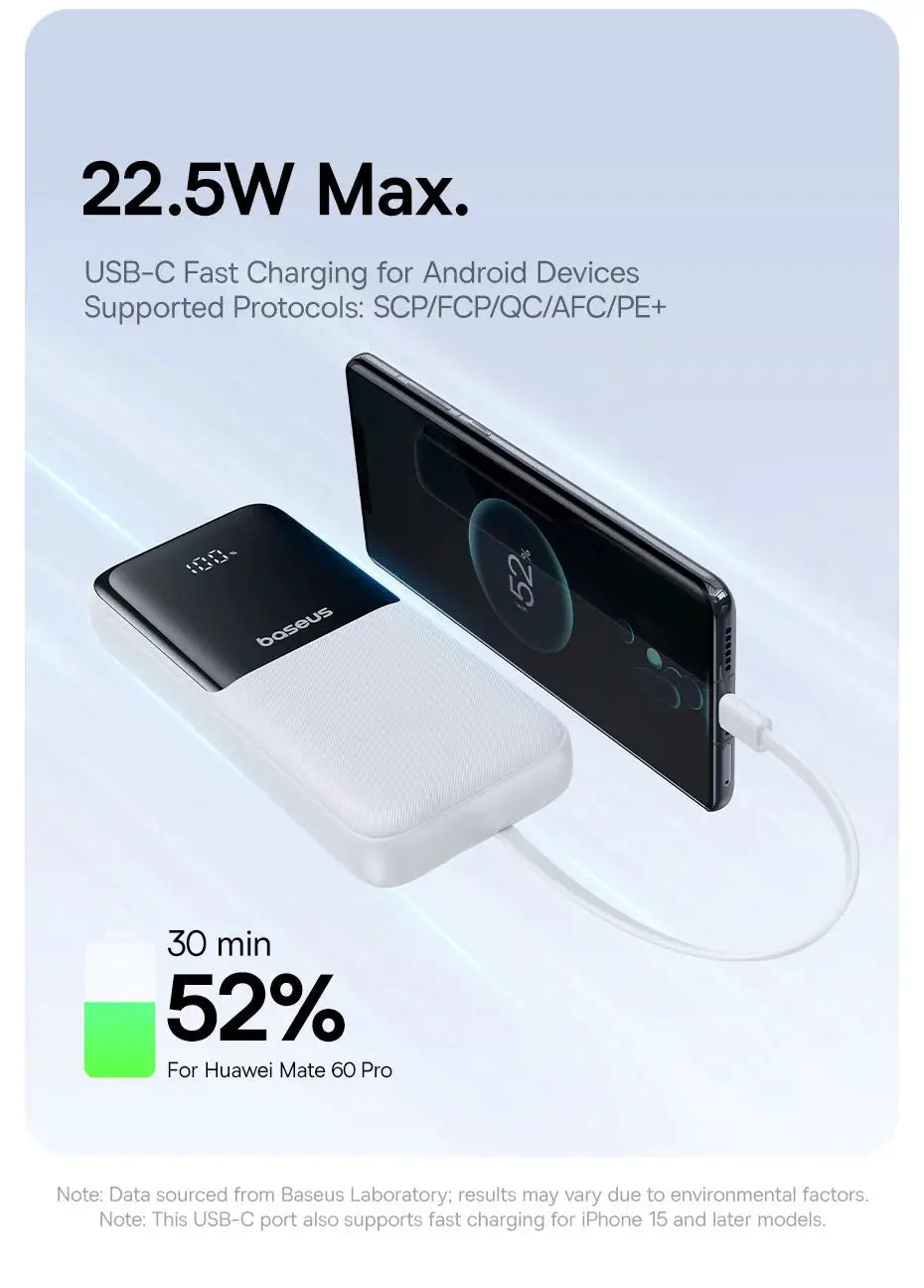 Baseus 20000mAh PD USB-C power bank and smartphone being charged; white body with black top