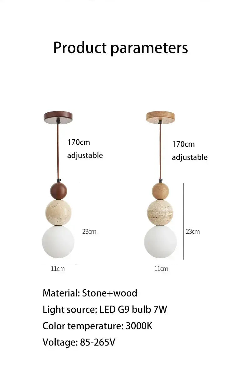 Cream style pendant lamp with stone and wood beads, two variants, 170cm adjustable cord, LED G9 7W, 3000K, Simples Market