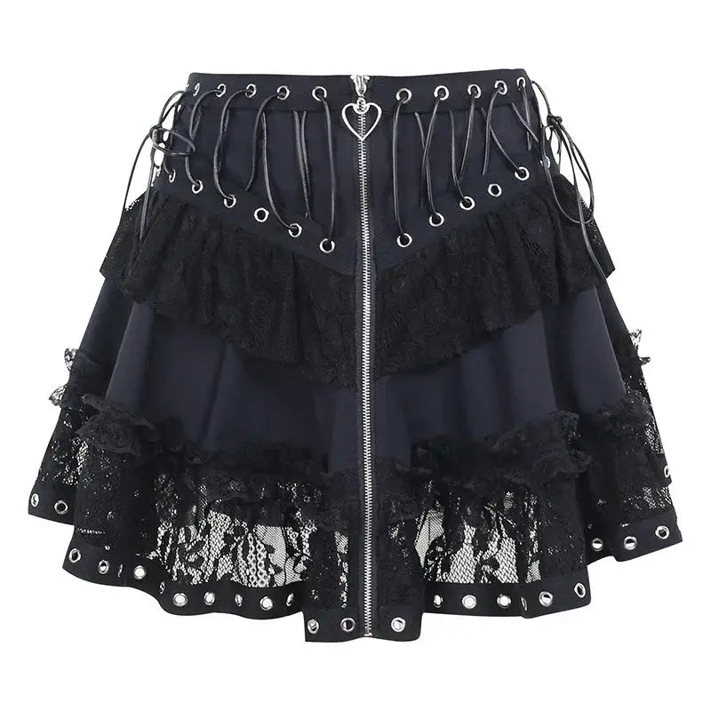 Simples Market gothic skater mini skirt with black lace tiers, front zipper, heart pendant, grommet lacing waistband.
