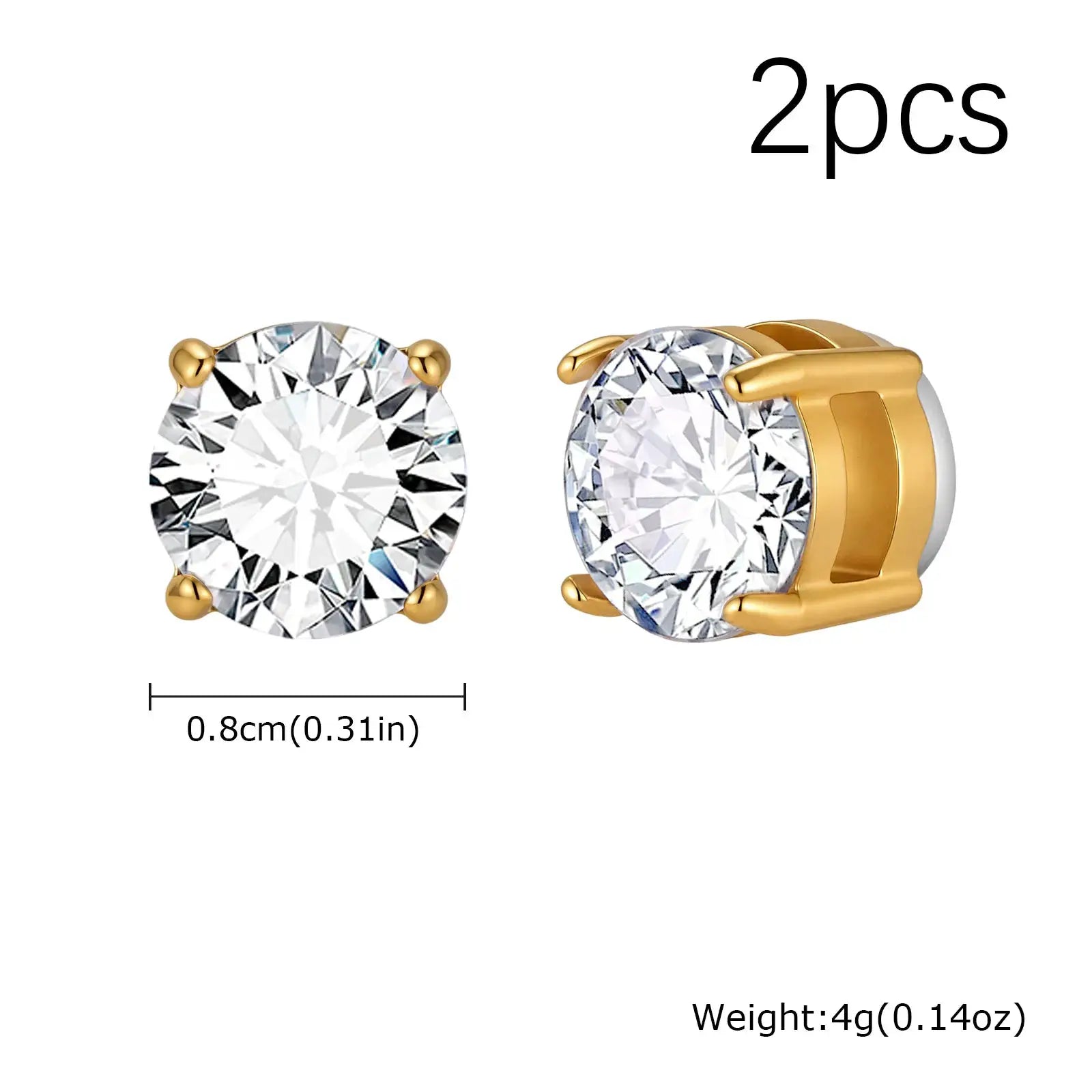 2pc Simples Market punk round zircon magnetic ear studs, stainless steel with gold-tone settings