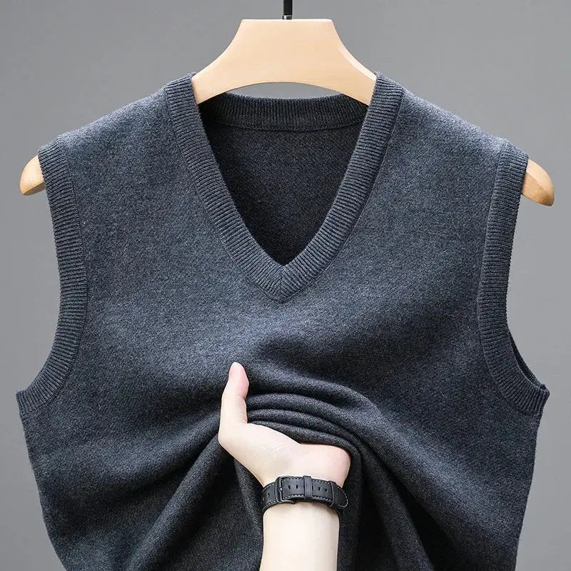 Men's sleeveless wool cashmere vest in dark gray knit, V-neck waistcoat