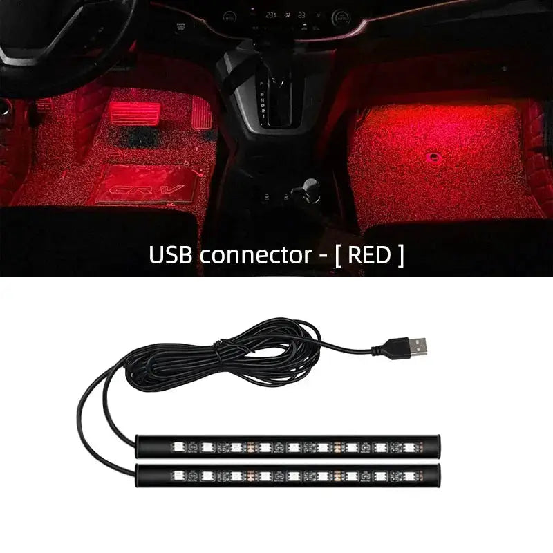 LED car interior foot-light kit with USB, red ambient strips, two tube bars.
