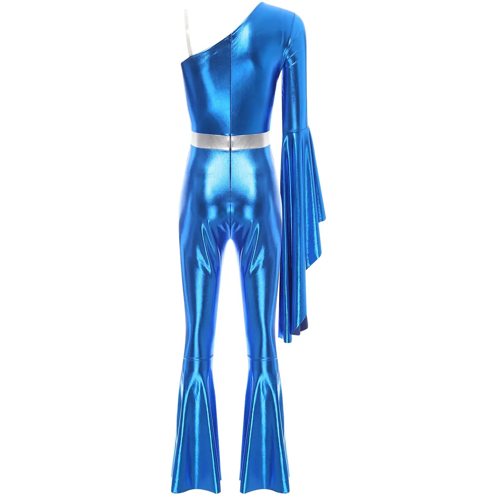Simples Market women's metallic blue one-shoulder disco jumpsuit with long bell sleeve and cape, silver belt