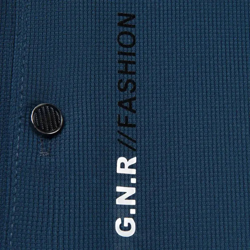 Men's navy blue solid-color polo shirt with ribbed knit, metal button, and GNR FASHION branding.