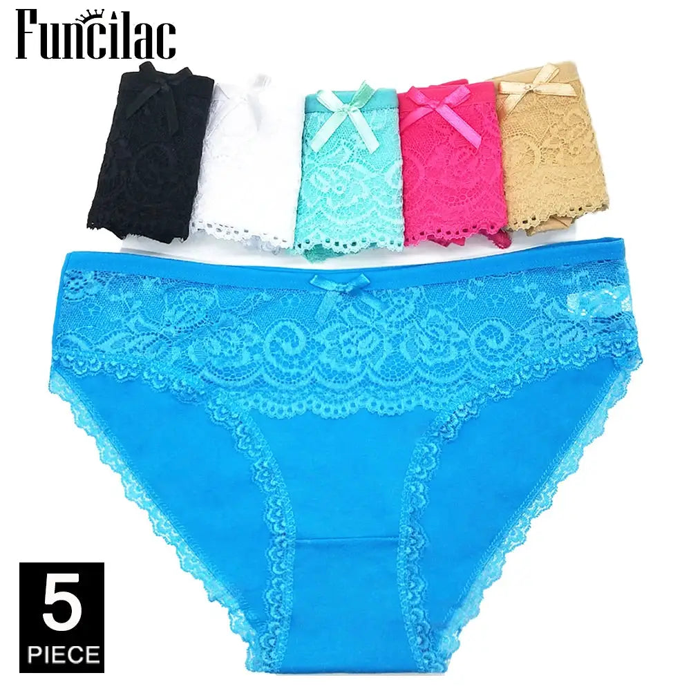 Funclac women's lace panties set, 5 pieces, assorted colors with bow accents