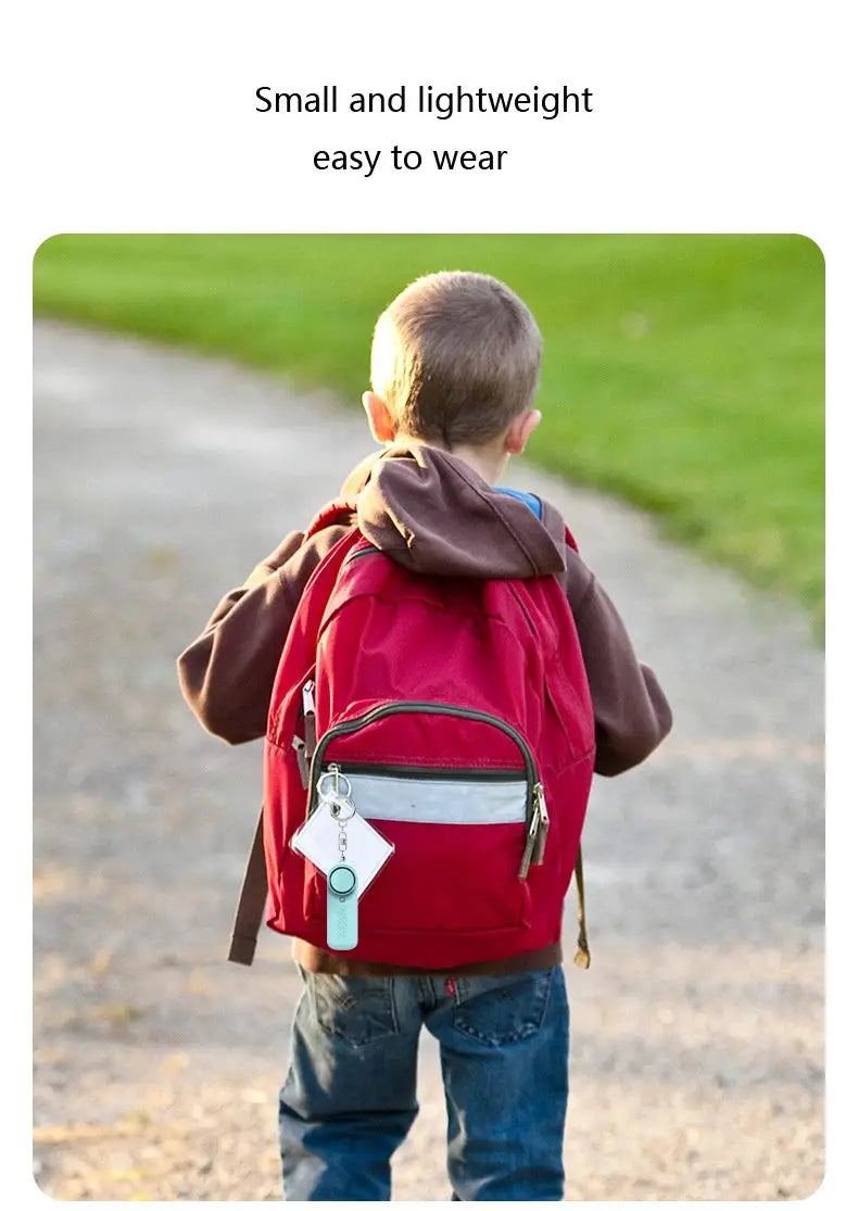 130dB Protect Alert personal defense siren product; child with red backpack walking on a path
