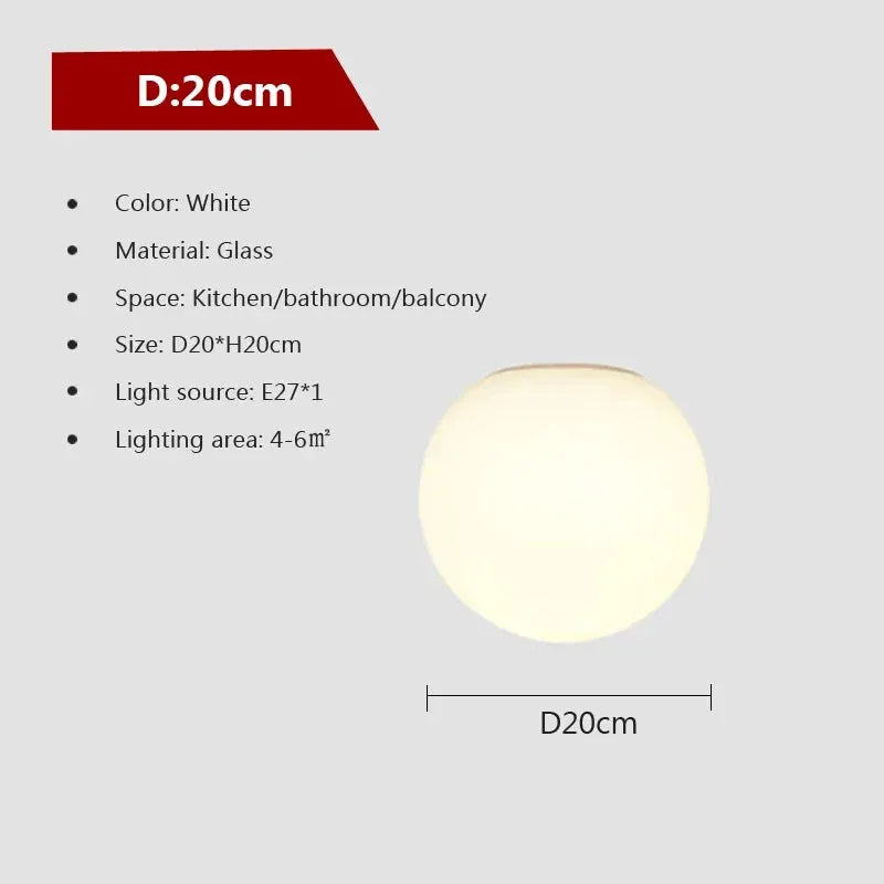 LED ceiling light Glass White Ball, white glass minimalist lamp for bathroom/kitchen/balcony, 20 cm diameter