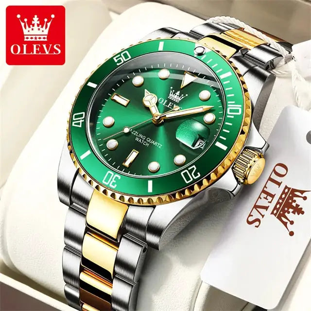OLEVS men's diver watch with green dial, green bezel, and two-tone stainless steel bracelet