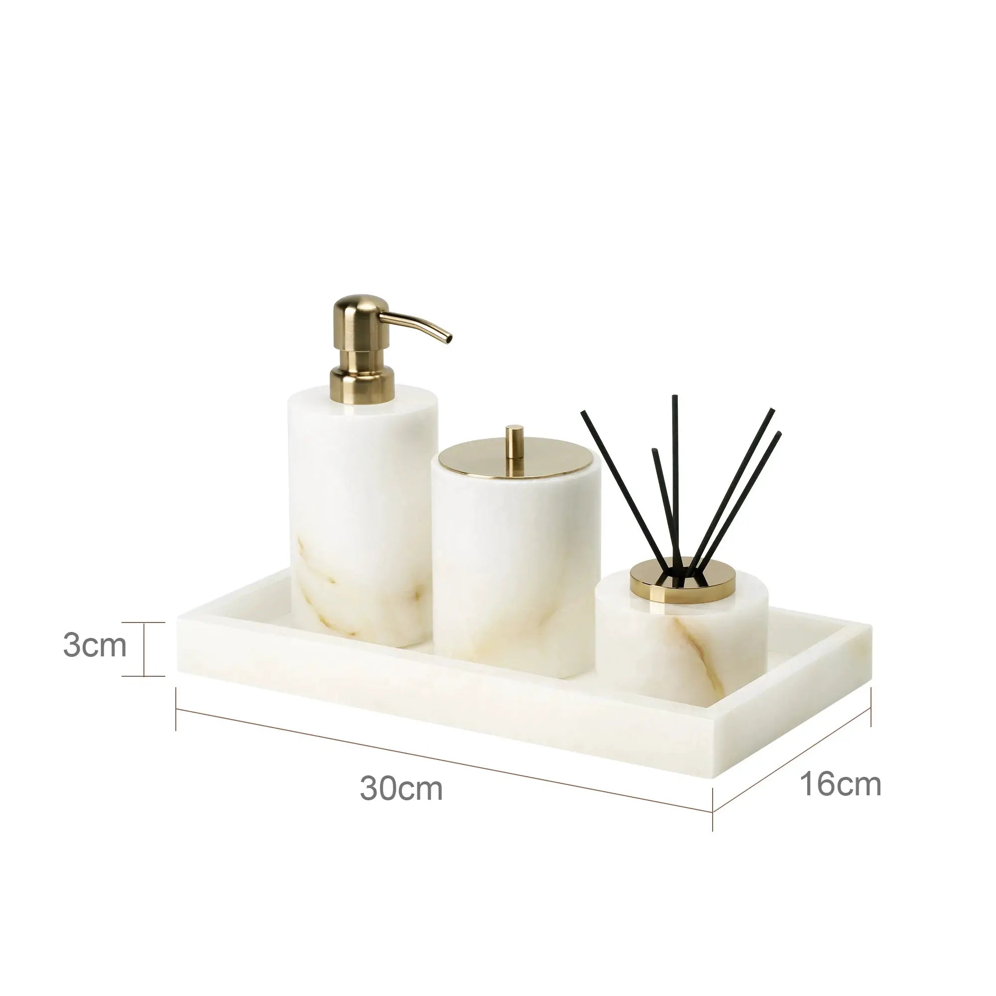 White Onyx marble bathroom set, 4-piece with soap dispenser, tissue box, vanity tray and diffuser by Simples Market