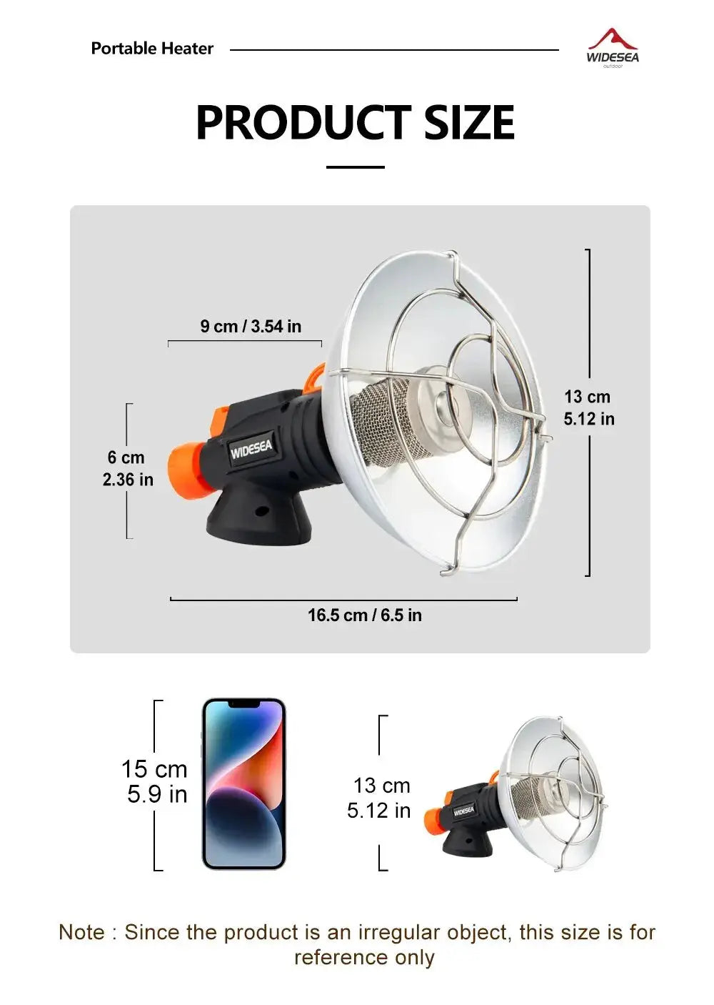 Widesea camping heater with a stainless steel reflector, black body and orange control knob.