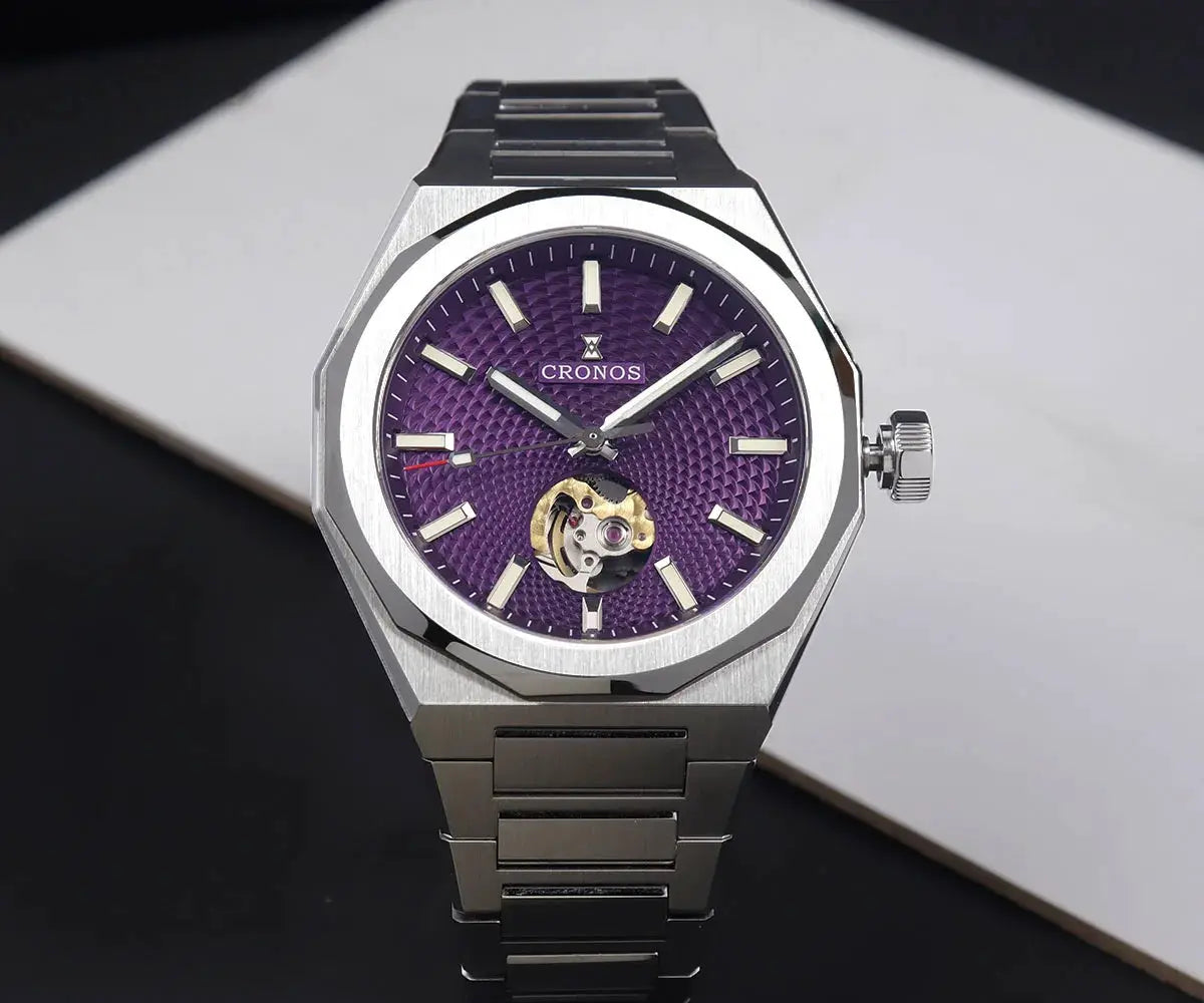 Cronos 39mm Rhombus Perlage skeleton dial automatic watch with purple textured dial and stainless steel bracelet