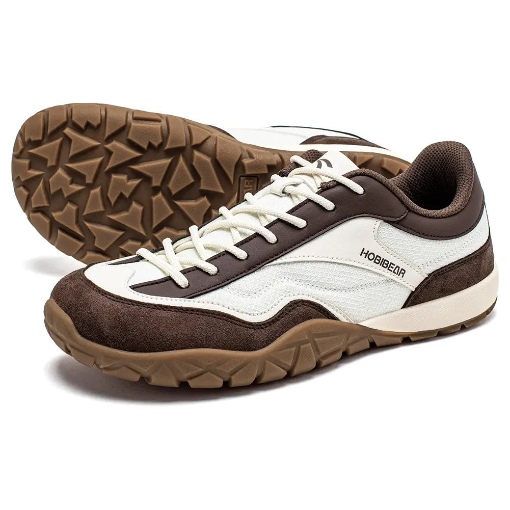 HOBIBEAR wide-width hiking shoes, white mesh with brown suede overlays, non-slip pair