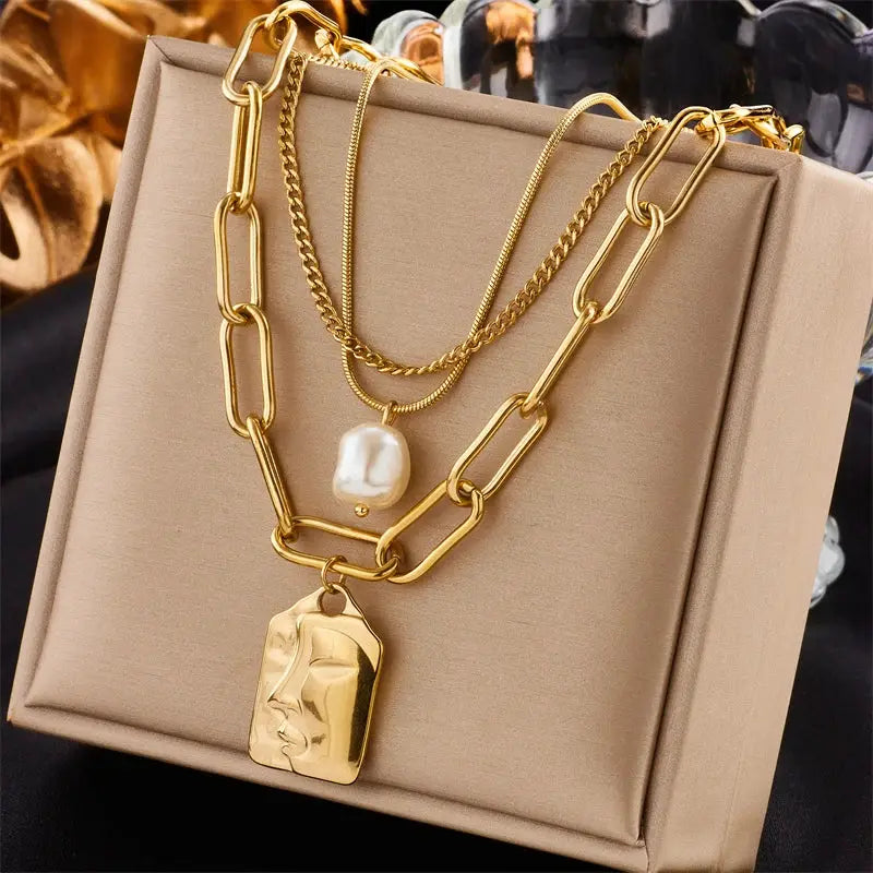 DIEYURO 316L Stainless Steel 3 Layer Pearl Square Portrait Pendant Necklace For Women Punk Street Trend