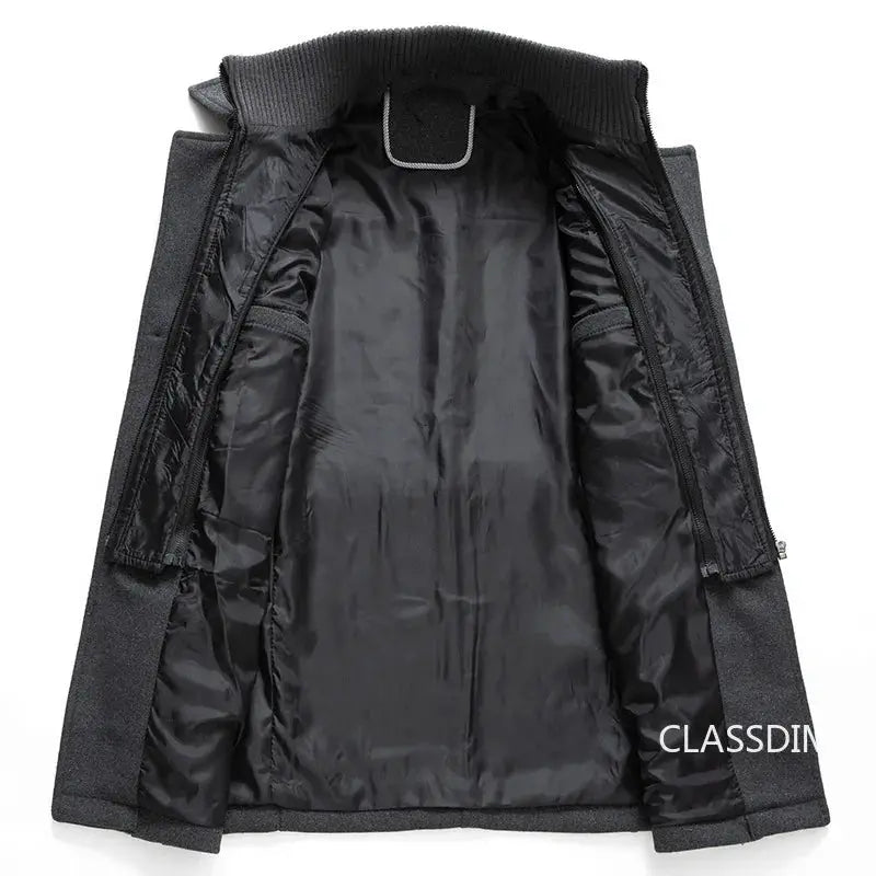 Men's black wool-blend trench coat by Simples Market with quilted inner lining