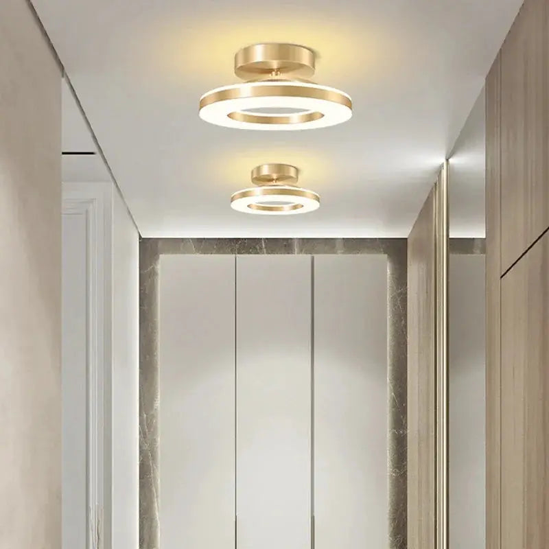Modern LED ceiling lamp with two gold circular ring fixtures for indoor spaces