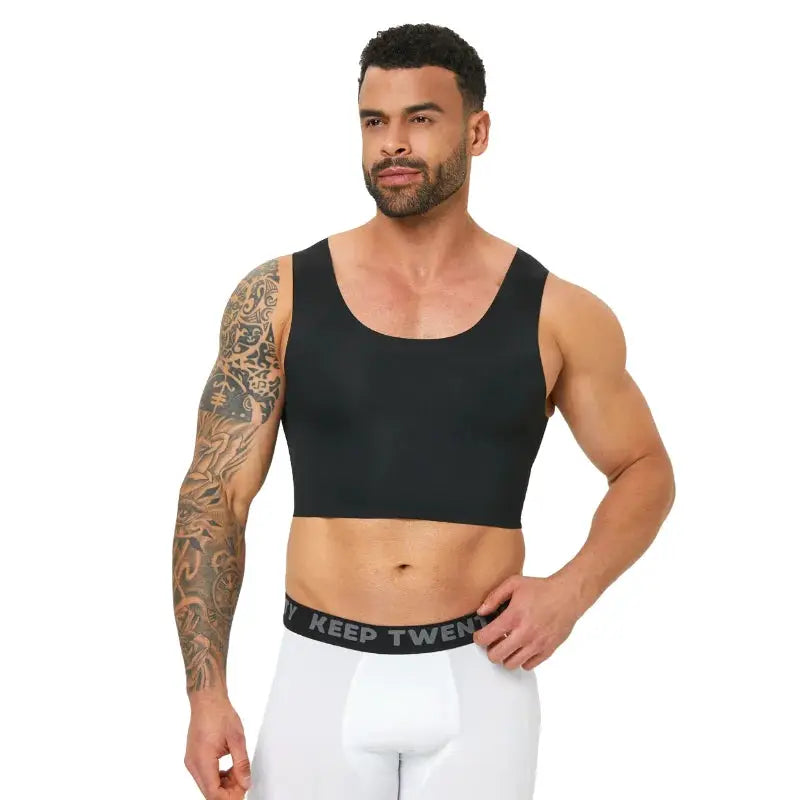 Simples Market men's seamless shaping short vest, sleeveless black, high-elasticity breathable innerwear with white briefs