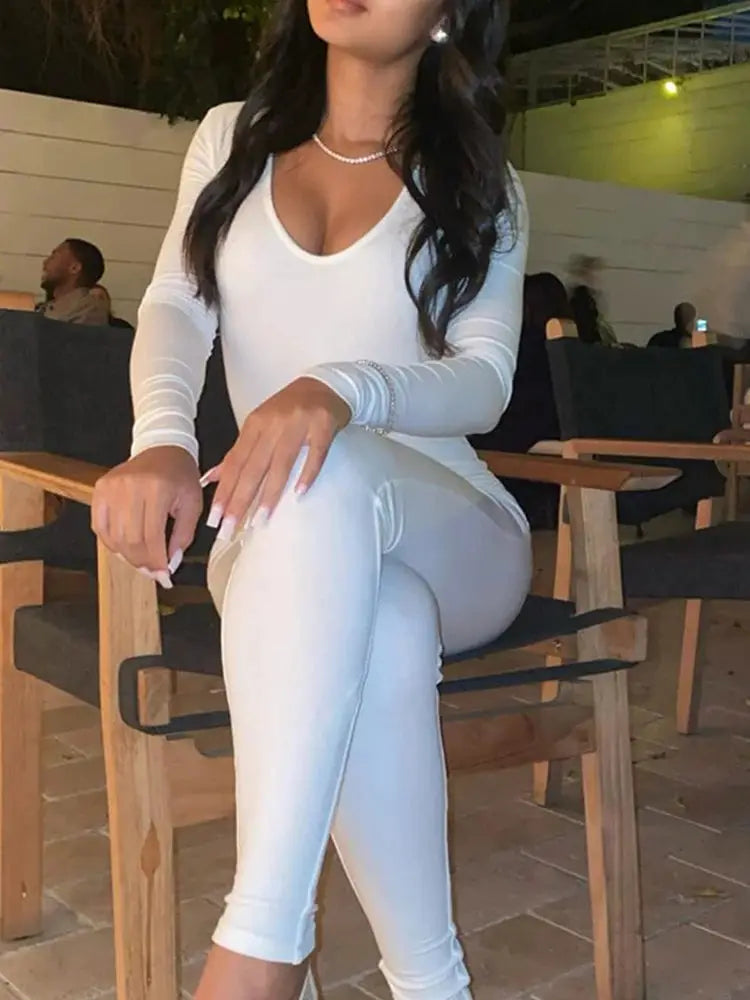 Women's white long-sleeve skinny jumpsuit; solid color casual wear