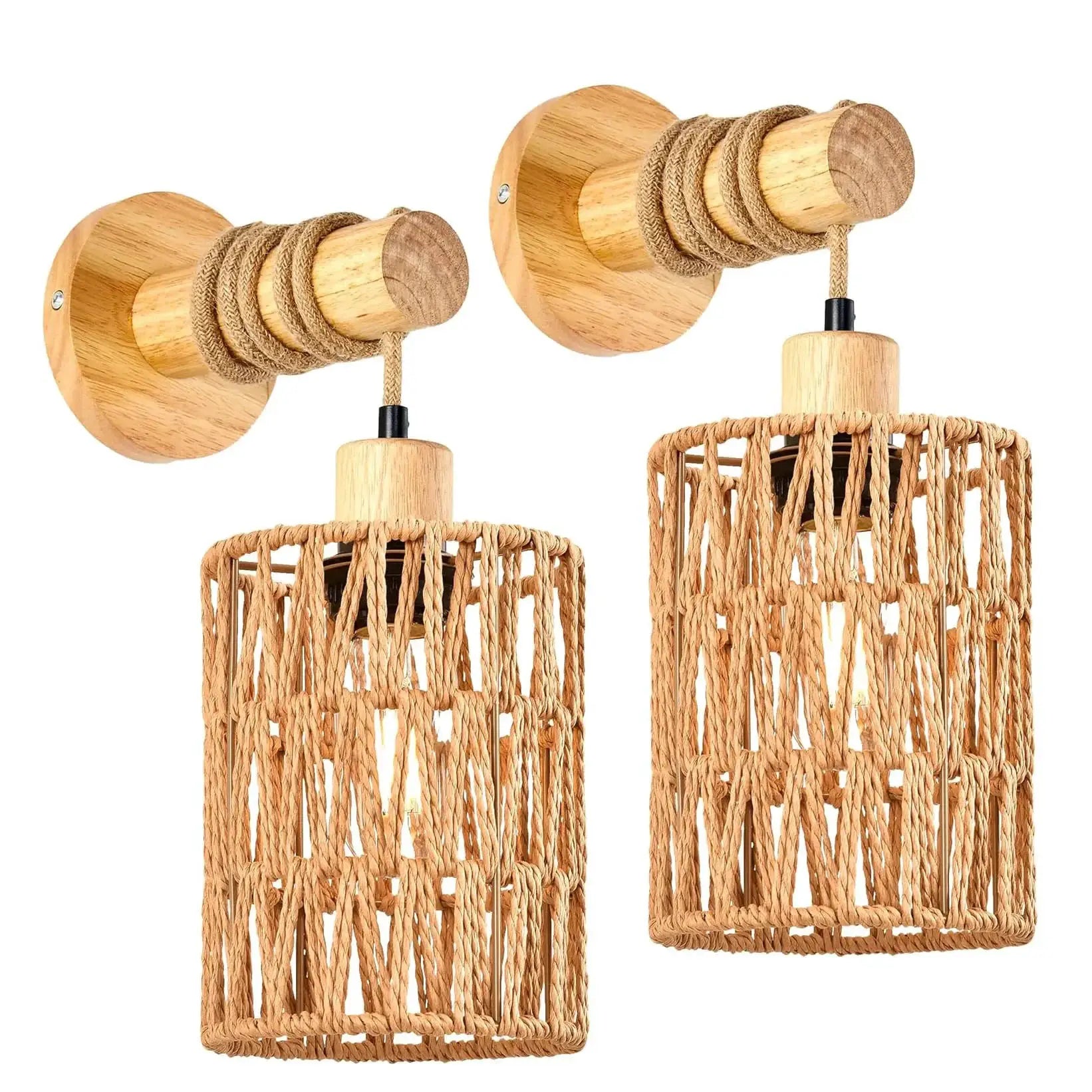 Two Simples Market hemp rope bedhead wall lamps with natural wood cylinders and rope-wrapped cages.