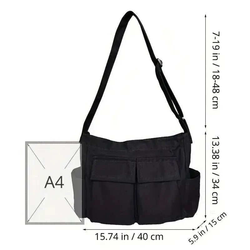 Simples Market women's black canvas messenger bag with multiple front pockets and adjustable strap.