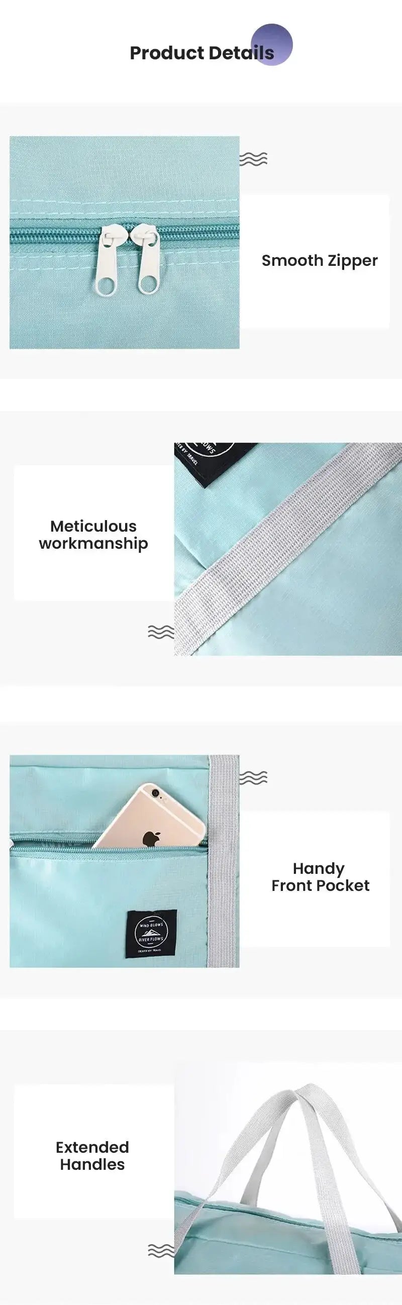 Simples Market foldable travel duffel bag in light blue, lightweight carry-on with large capacity and front pocket