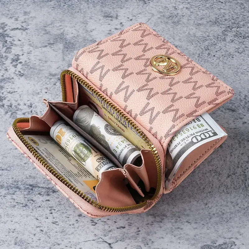 Pink PU wallet by Simples Market with zip closure, multiple card slots and cash compartments