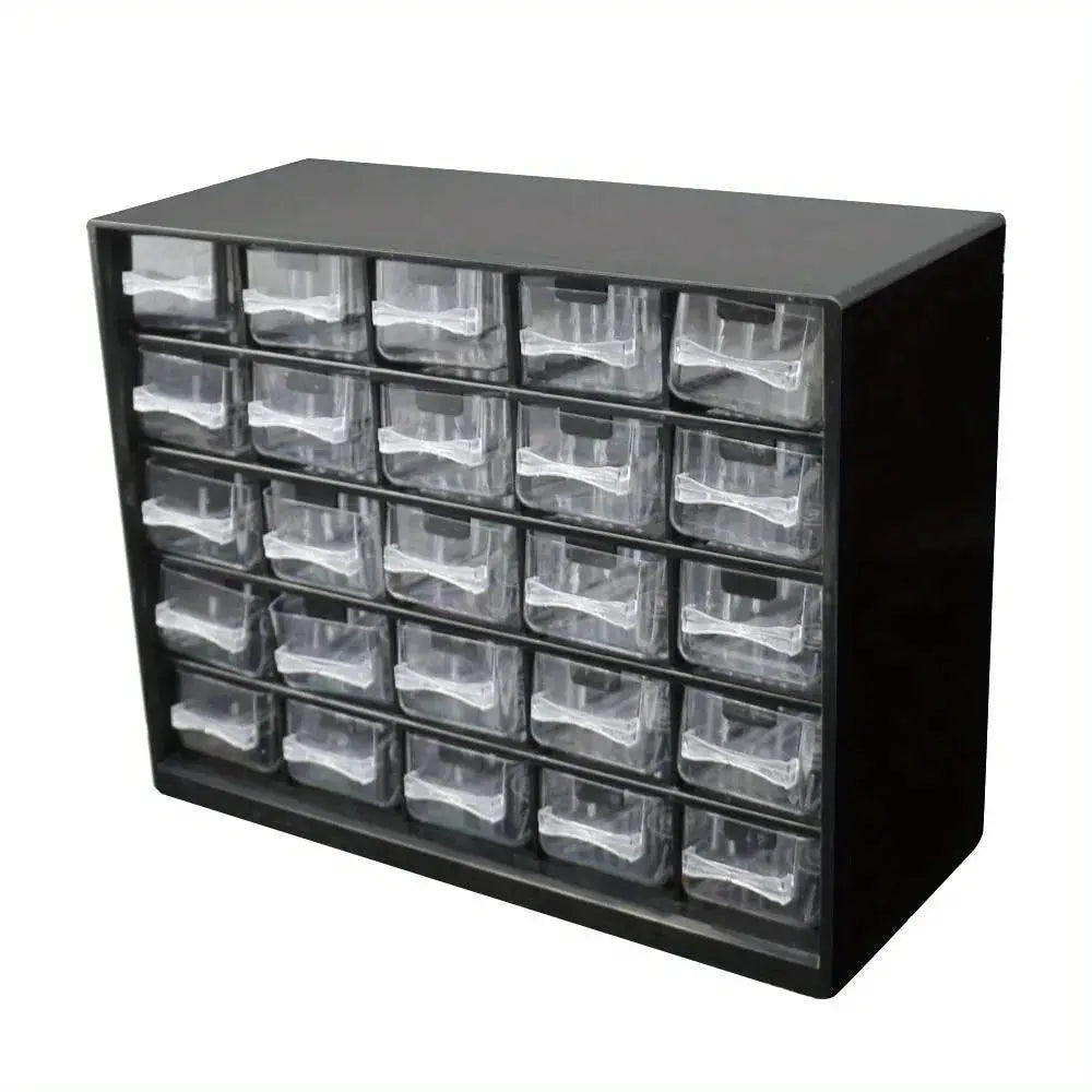 Black wall-mounted 25-drawer parts box with clear plastic drawers