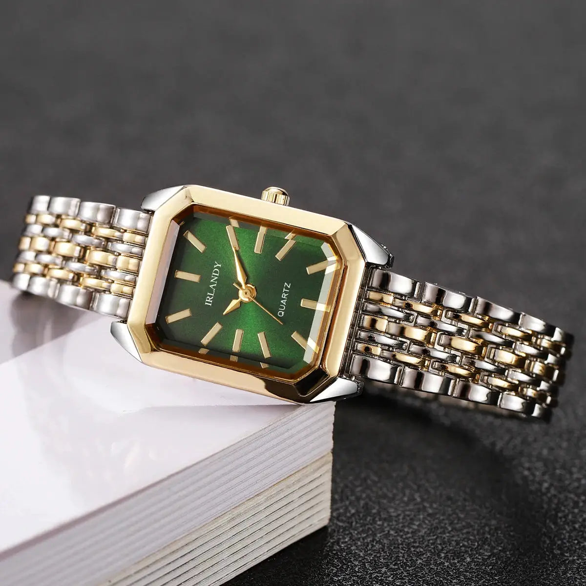 Rectangular women's quartz watch by IRLANDY with green dial and two-tone steel bracelet