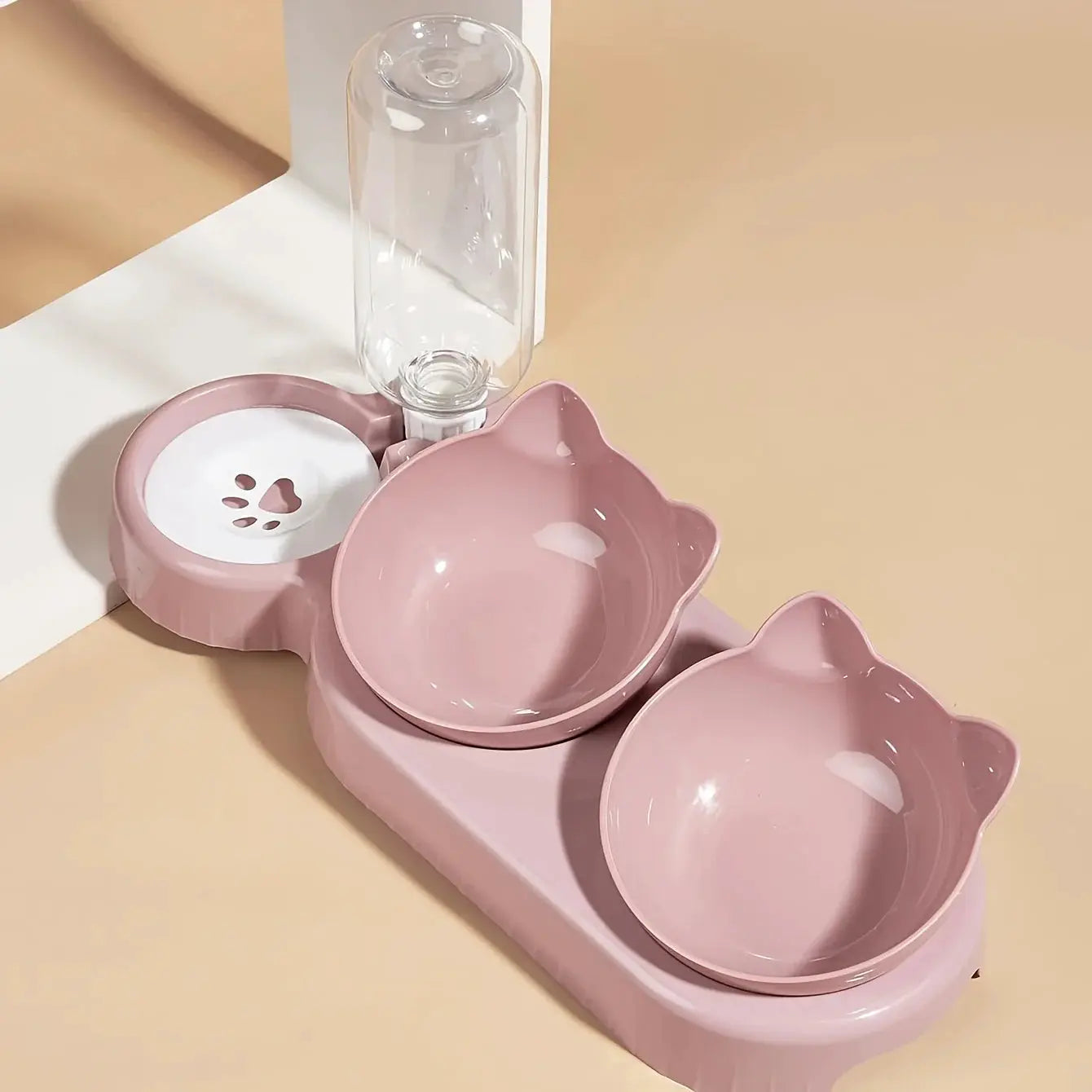 Simples Market pink cat bowls set, 3-piece with tilted ear design and gravity water bottle for neck protection