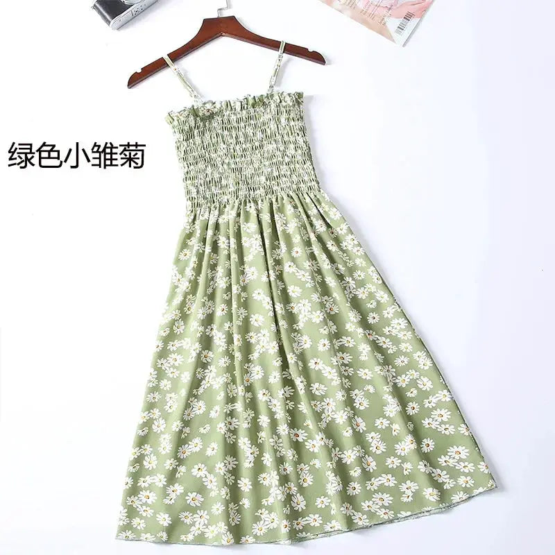 Summer Chiffon Camisole Dress For Women Elastic Waist Spaghetti Straps