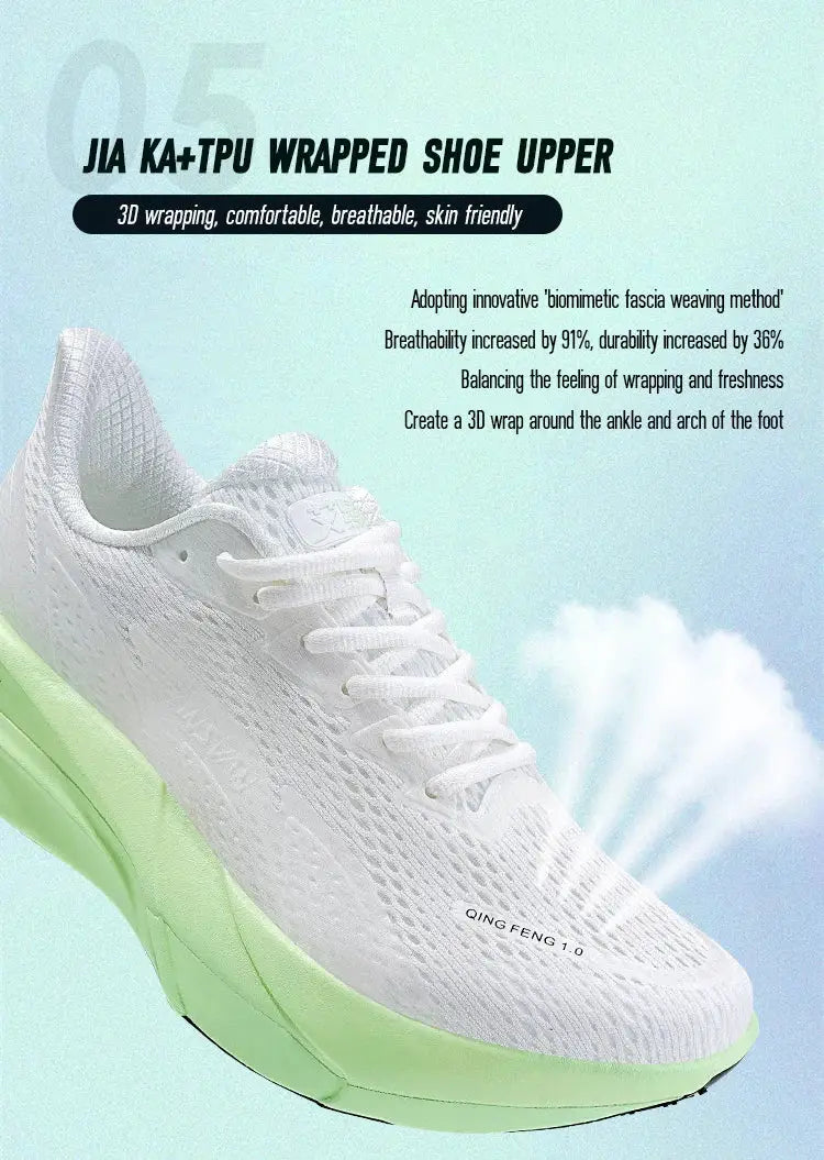 IRUNSVAN carbon fiber sneakers; white breathable mesh upper with mint-green thick sole by Simples Market