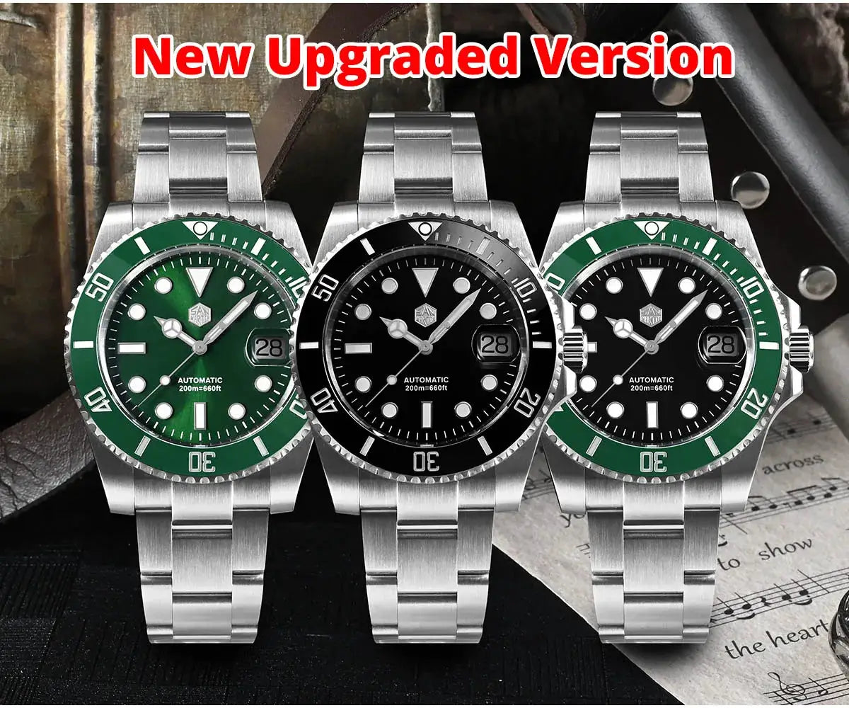 San Martin 40mm diver watches: three stainless bracelets with green and black bezels, each with date window.