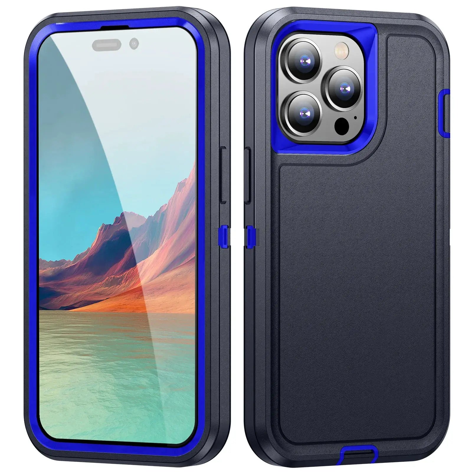 Simples Market 3-in-1 Defend Armor shockproof iPhone case; black plastic frame with blue TPU edge and camera ring.