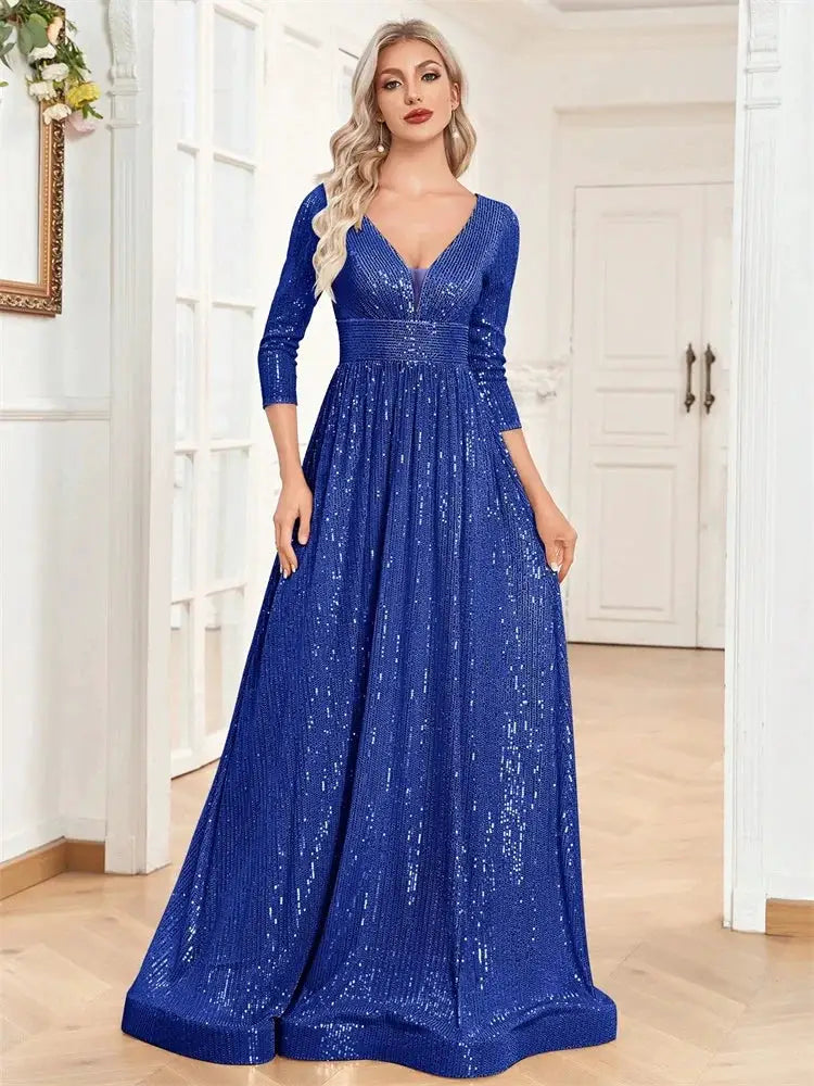 Luxury V Neck Long Sleeve Blue Sequins Formal Evening Dress Women Maxi