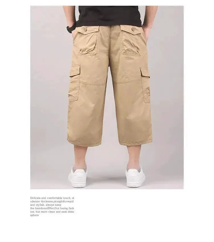 Men's cargo shorts beige, loose knee-length with elastic waist and multiple pockets for outdoor casual wear