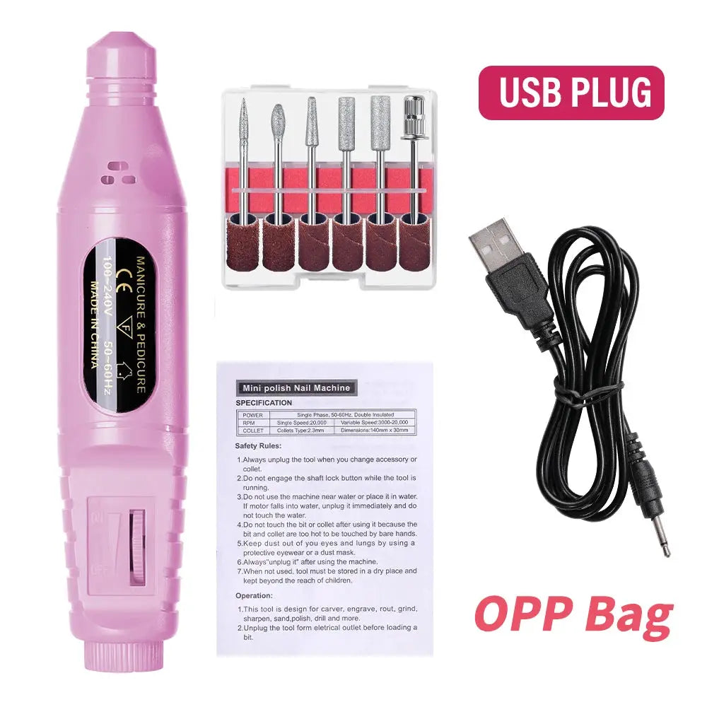 LINMANDA 6 In 1 Electric Nail Drill Kit Portable USB Powered Low Noise 0 To 20000 RPM For Manicure And Pedicure
