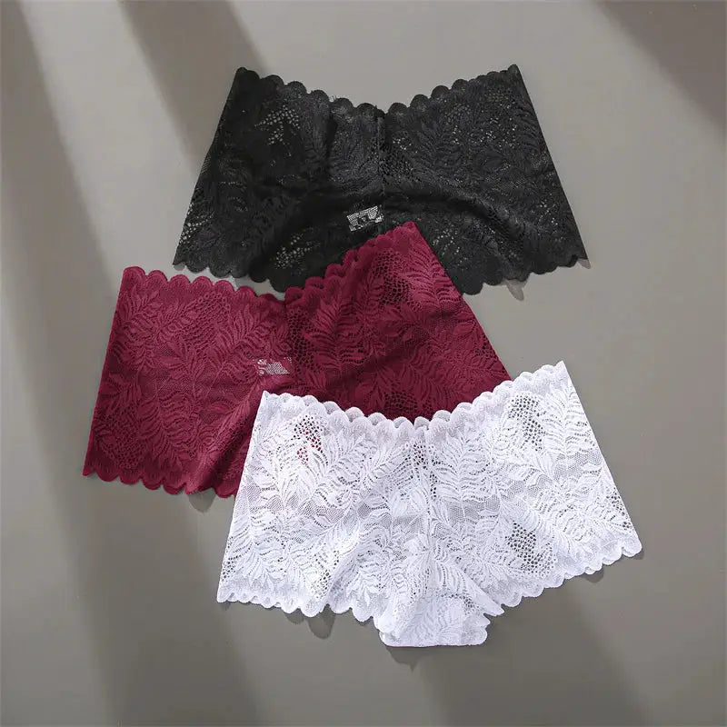 3-piece lace floral boyshorts set in black, burgundy, and white; low-rise, breathable women's underwear.