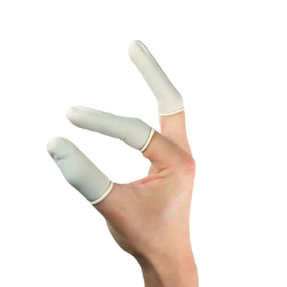 Disposable finger cots; three white-gray pieces in natural rubber latex for fingertip protection.