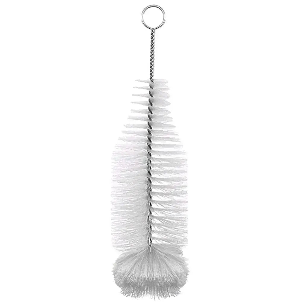 Bottle brush for SodaStream bottles with white bristles and twisted wire core; hanging ring for storage