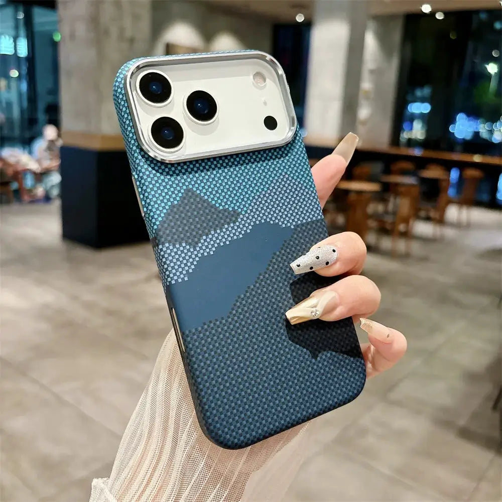 Kelvar carbon fiber phone case for iPhone 17 Pro Max; blue patterned, magnetic wireless charging
