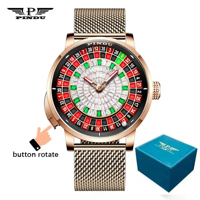 PINDU Design NH35A mechanical men's watch with rose-gold mesh band and roulette-style sapphire-mirror diamond dial; blue box included